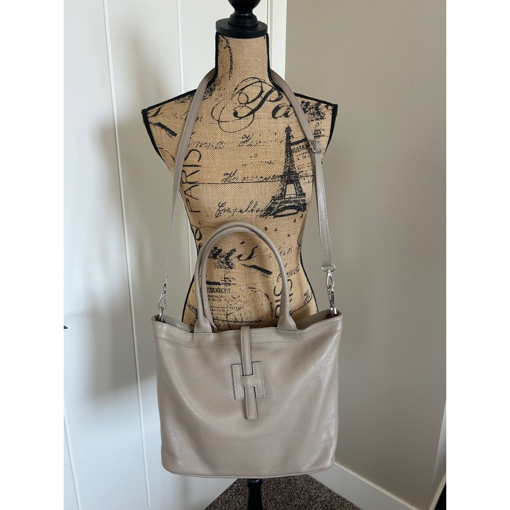 Genuine Italian Pebbled Leather Taupe H Lock Strap Tote Shoulder Crossbody Bag